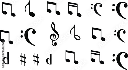 Various music notes arrangement with treble and bass clefs on white background