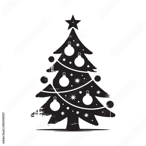A stylized black silhouette of a decorated christmas tree with a star topper and ornaments