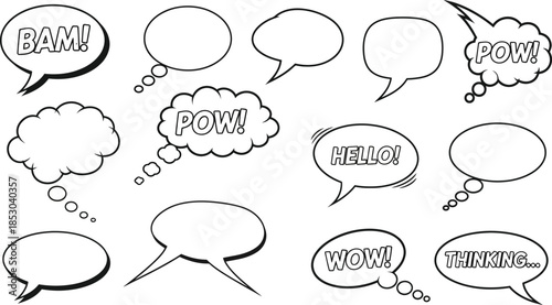 Collection of hand drawn speech bubbles and thought bubbles in various shapes and styles