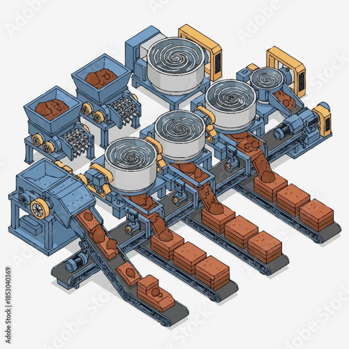 Isometric Industrial Production Line with Conveyor Belts and Processing Machinery.