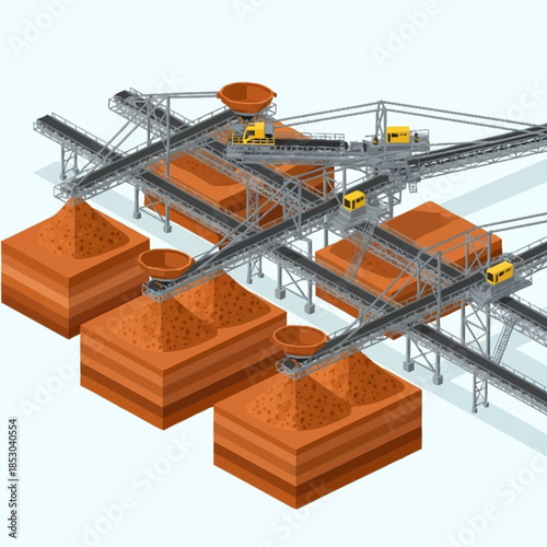 Isometric view of a large scale industrial mining and material processing facility.