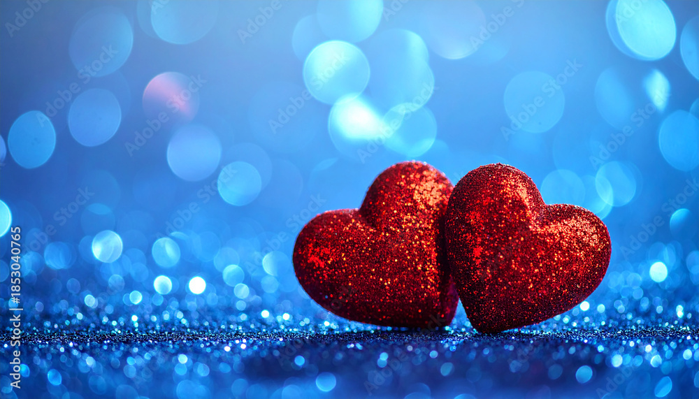 Fototapeta premium Two glittery red hearts on a sparkling blue glitter background with bokeh love romance