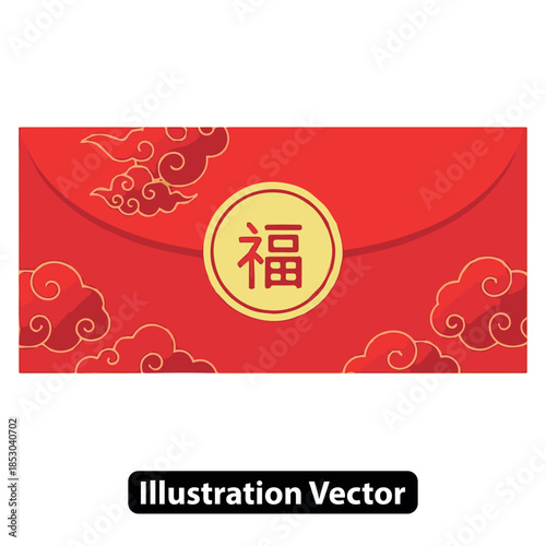 Red Envelope with Golden Cloud Patterns and Chinese Cloud Illustration