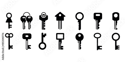 Collection of various keys and key icons in black and white