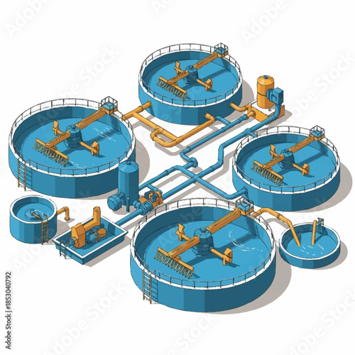 Isometric Water Treatment Plant with Multiple Tanks and Piping System.