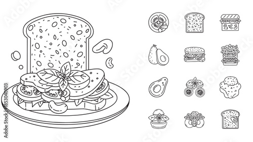 Outlined plate of healthy sandwiches, plus other sandwich and topping illustrations on plain white background