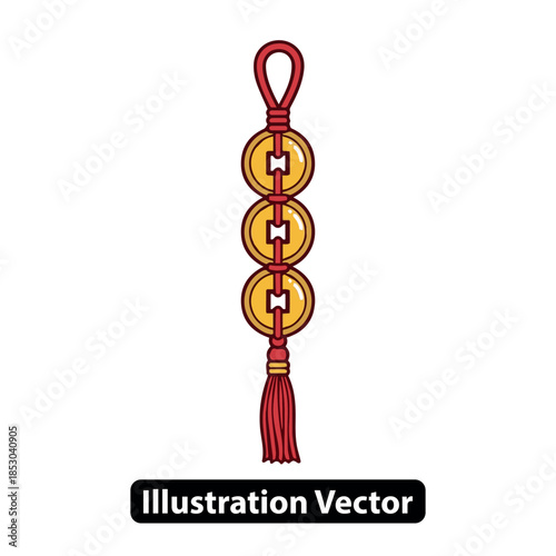 Three gold coins hanging from a red string with a tassel, symbolizing prosperity and good fortune in a cultural illustration