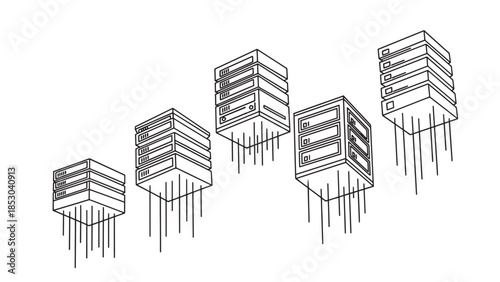 Outlined servers stand on lines, decreasing in size, on white background, simple, minimalist, isolated