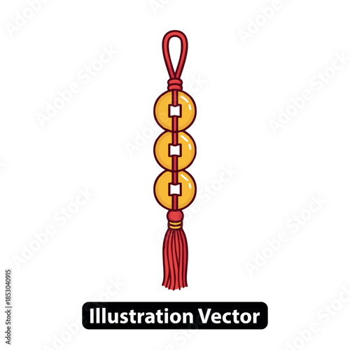 Vector illustration of three golden coins hanging from a red tassel
