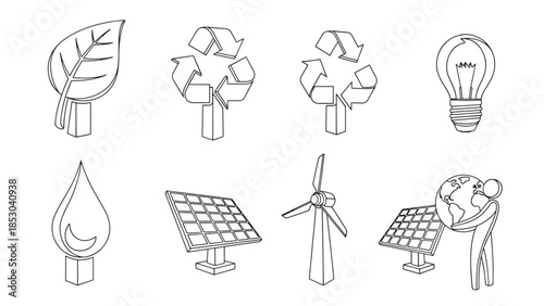 Outlined set of renewable energy icons on white leaf, recycle arrows, bulb, drop, panels, turbine, man earth