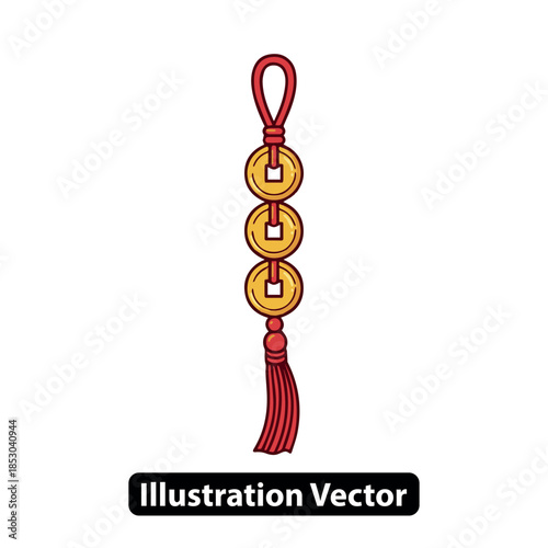 Three golden coins tied together with red tassel hanging from a loop, symbolizing prosperity and good fortune in a cultural illustration