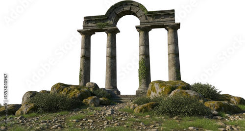 Ancient stone archway ruins featuring three weathered columns and an arched lintel stand atop moss covered rocks and green ground cover with small white flowers Architecture Monument