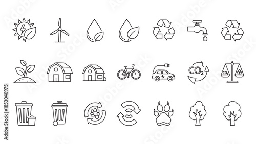 Outline-style illustrations representing sustainability and environmental themes arranged in a grid pattern on a white backdrop