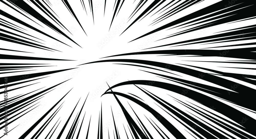 Obraz premium Dynamic anime comic burst with black explosive splash and radiating impact lines for manga action scenes. Bold silhouette with sharp edges and flowing smoke effect for battle moment or dramatic panel.