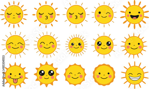 Cute sun face expressions vector illustration set with smiling happy funny cartoon weather icons