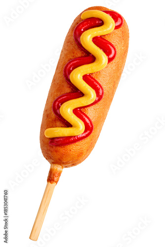 classic golden corn dog on wooden stick with ketchup and mustard isolated on transparent background for fast food and street food concepts