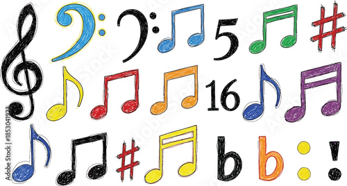 Various music notes arrangement with treble and bass clefs on white background