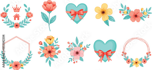 Elegant floral wreath and heart frames vector illustration set with pastel flowers leaves and romantic decorative elements