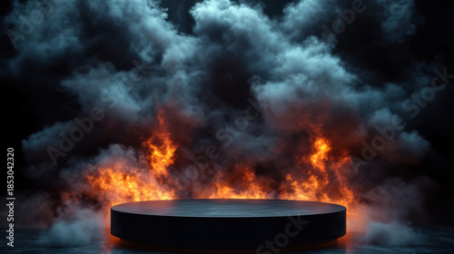 black podium with dramatic scene of fire and smoke rising