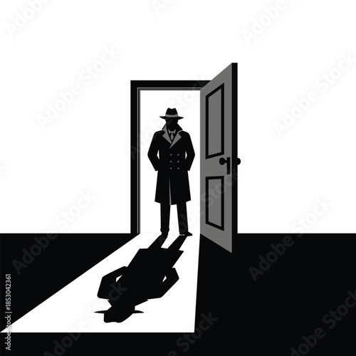 Mysterious Detective Silhouette Standing in Open Doorway with Long Shadow – Noir Style Illustration