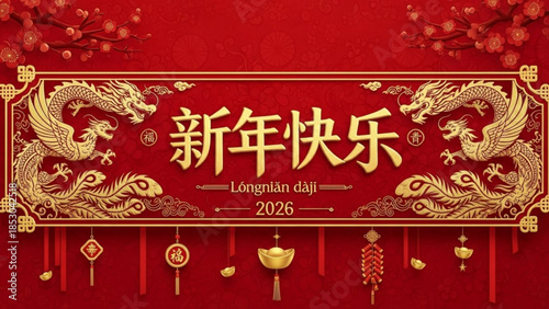 Chinese new year 2026, golden dragon design with red background and decorations