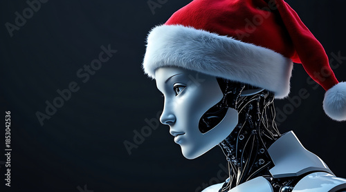 Futuristic robotic head in profile wearing red Santa hat, metallic faceplate and exposed mechanical neck conveying festive technological wonder
