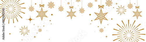 Festive golden Christmas and New Year background with hanging star ornaments, snowflakes and fireworks on white, elegant holiday banner for seasonal greetings, invitations and celebrations.