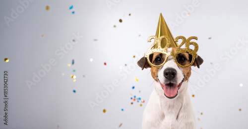 Happy New Year 2026 Concept; Cute Dog with Golden Party Hat, 2026b Celebration Glasses and Confetti Flying Around