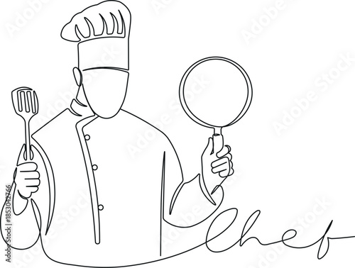 Continuous one line chef holding spatula and frying pan illustration