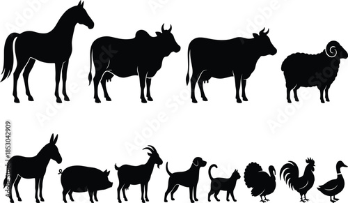 Farm animal silhouettes, horse, cow, bull, sheep, pig, goat, dog, cat, duck, rooster, turkey, domestic animals, vector
