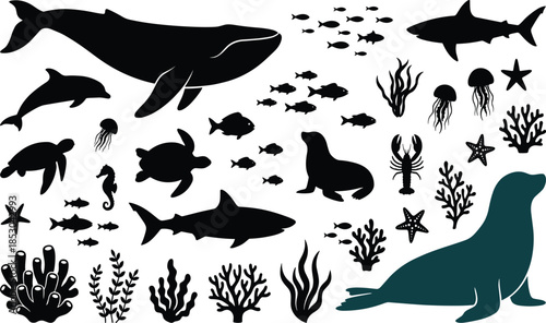 Marine life silhouettes, ocean animals, sea creatures, underwater wildlife, aquatic diversity, black icons, coral reef, fish, whale, turtle