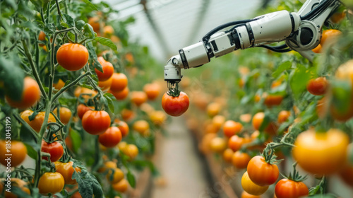Advanced robotic arm picking tomatoes in high-tech greenhouse