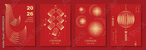 Happy Chinese New Year vector red and gold greeting card set with lantern tassel knot and traditional ornaments. Festive holiday design for invitations banners posters and packaging.