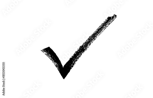 Hand-drawn black brush check mark. Bold, expressive tick symbol with artistic texture.