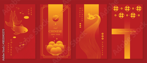 Happy Chinese New Year vector background set with lantern, folding fan and abstract fish on red pink gradient. Festive holiday design for banners, posters, invitations and packaging.
