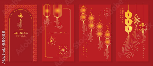 Happy Chinese New Year vector red and gold greeting card set with lantern tassel knot and traditional ornaments. Festive holiday design for invitations banners posters and packaging.