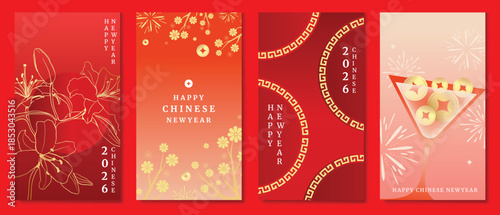 Happy Chinese New Year 2026 vector poster set with floral line art, fireworks, geometric border and gold coins. Red holiday design for cards, invitations, banners and packaging.