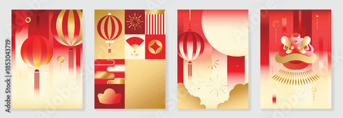 Happy Chinese New Year 2026 vector poster set with koi fish, lion dance mask, gold ingot and swirl pattern on red background. Festive lunar holiday design for greeting cards, banners, invitations.