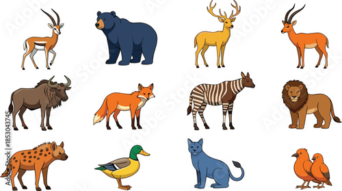 Flat vector wildlife animal illustration set with bear deer antelope zebra fox lion duck and forest fauna icons