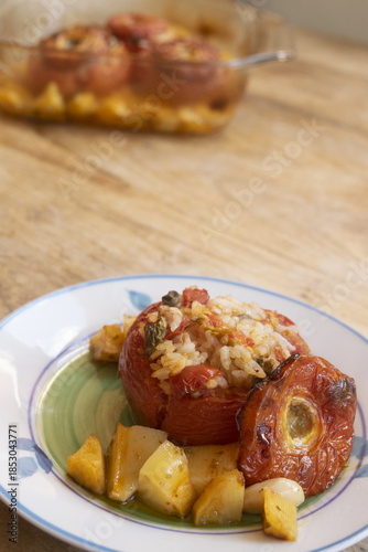 stuffed baked tomatoes with rice and vegetables mediterranean food