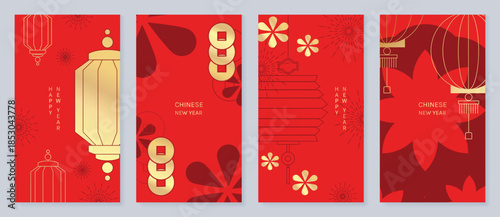 Happy Chinese New Year vector red and gold greeting card set with lantern tassel knot and traditional ornaments. Festive holiday design for invitations banners posters and packaging.