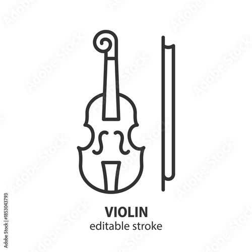 Violin and bow outline icon. Simple musical string instrument symbol for music class, orchestra or classical concert promotion. Vector illustration. Editable stroke.