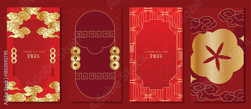 Happy Chinese New Year vector red and gold greeting card set with lantern tassel knot and traditional ornaments. Festive holiday design for invitations banners posters and packaging.