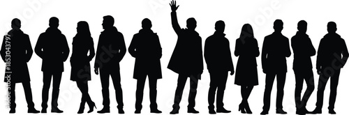 Business people silhouettes standing together, diverse team lineup concept, leadership crowd, teamwork unity, corporate group illustration, professional workforce collaboration success