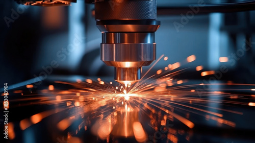 CNC laser cutting machine working with sheet metal with orange sparks at factory