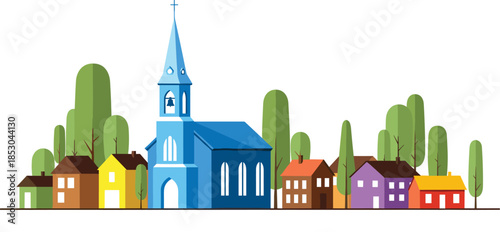 Colorful village illustration with church and houses, peaceful town landscape, community life, architecture, countryside scenery, simple flat design style