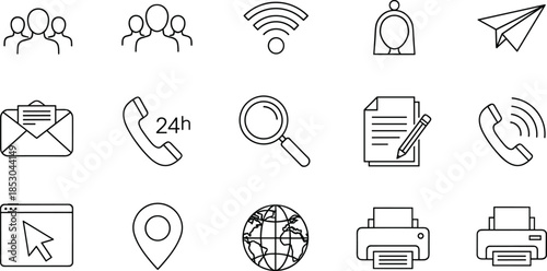 Communication and contact icons set for customer support, messaging, email, phone service, online connection, location, teamwork, outline vector illustration