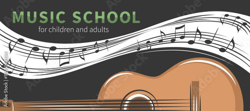 Banner with guitar for Music school. Vector illustration for music events, invitation cover, advertising. 