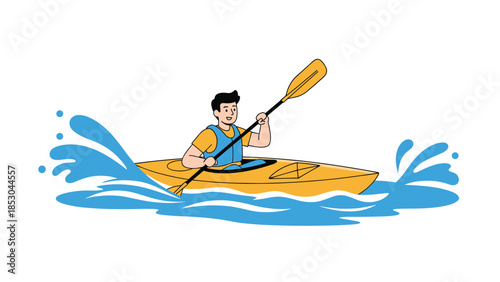 Man paddling yellow kayak on blue water waves vector illustration