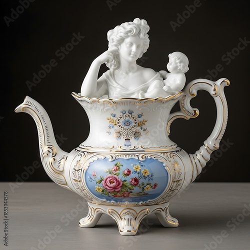 A white porcelain teapot adorned with a classical goddess sculpture holding a cherub, featuring intricate painted floral designs